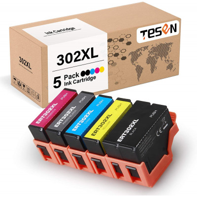 TESEN Remanufactured 302XL Ink Cartridge Replacement for Epson 302XL 302 T302XL T302 with Upgraded Chip 5 Pack